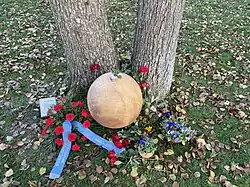 Die Gedenkkugel auf einer herbstlichen, mit Blättern bedeckte Wiese. Die Gedenkkugel ist mit roten Nelken und Rosen geschmückt und links im Bild ist ein Kranz mit blauen Schleifen zu sehen.