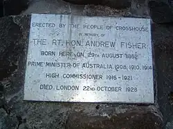 Gedenkplakette für Andrew Fisher in seinem Geburtsort Crosshouse in Schottland