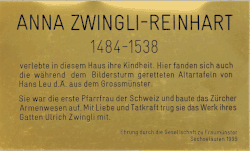 Gedenktafel von Anna Zwingli-Reinhart an der Schifflände 30, Zürich