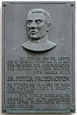 Gedenktafel in Erinnerung an Peter Friedhofen in Koblenz