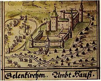 Burg Geilenkirchen um 1720 (Stadt und Burg links der Wurm, die Burg wurde überhöht dargestellt)