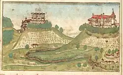 Gelbingen rechts unten mit Neu(en)burg und der Geyersburg, von rechts nach links. Verzerrende Darstellung um 1600.