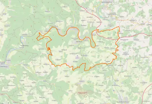 Lage und Gemarkung der Gemeinde Wertheim sowie die Stadtteilgrenze der Kernstadt Wertheim.