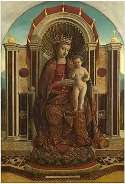 Linkes Bild: Ein Islamischer Teppich vom „Bellini-Typ“ zu Füßen Marias, in Gentile Bellinis Thronende Madonna mit Kind, spätes 15. Jh. Rechtes Bild: Gebetsteppich, Anatolien, spätes 15.– frühes 16. Jh., mit „Schlüsselloch“-Motiv.