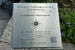 Quadratische silberne Platte mit einem Fadenkreuz in der Mitte und der Aufschrift "Bayerische Vermessungsverwaltung www.geodaten.bayern.de Geodätischer Referenzpunkt", sowie den genauen Angaben zur Lage des Punktes und einem QR Code