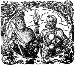 Georg von Frundsberg (links) und sein Sohn Caspar. Darstellung aus der 2. Auflage seiner Lebensbeschreibung aus dem Jahr 1572.