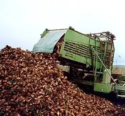 Gezogener Vollernter beim Abladen