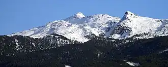 Der Glungezer (genauer: die Sonnenspitze) von Innsbruck aus gesehen. Links vorgelagert das Bärenbader Jöchl, rechts die Neunerspitze (2285 m)