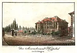 „Das Accouchement-Hospital in Göttingen“, Ansicht von Nordosten, mit Hospital-Vorgarten und nördlichem Neben-Zugang mit Freitreppe zur Hospitalstraße; links am Rand das frühere Geismartor. Kolorierter Stich von Christian Andreas Besemann, 1811[37]