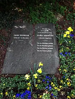 Georg Herwegh (1817–1875) revolutionärer Dichter, Übersetzer, Journalist, Emma Herwegh (1817–1904) Revolutionärin. Grab auf dem Friedhof Liestal. Standort: Feld LP