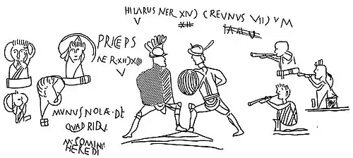 Graffito[45] mit Dipinti – „Fan“-Darstellung von Gladiatorenkämpfen