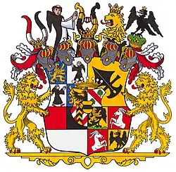 Großes Wappen des Hauses Rotberg-Rheinweiler heute – Rotberg-Wappen mit den Wappen weiterer vier Familien