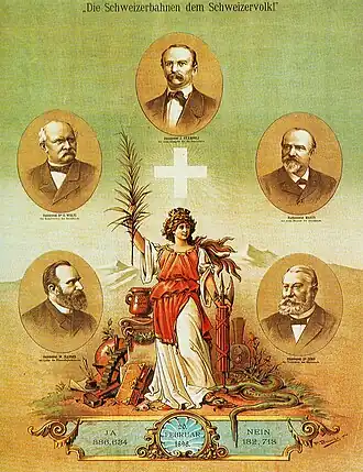 Plakat, Gründung der SBB, Die Schweizerbahnen dem Schweizer Volk. 1898 stimmte eine Mehrheit für die Verstaatlichung der grossen Privatbahngesellschaften.