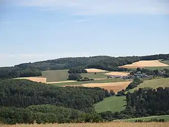 Blick aus Richtung Obertiefenbach über das Hasenbachtal ostnordostwärts zur Weißler Höhe (hinten); rechts am Ringmauerhang der Obertiefenbacher Weiler Spriestersbach