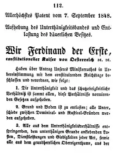 Aufhebung der Untertänigkeit in Österreich, gemeinsam mit der Grundentlastung 1848