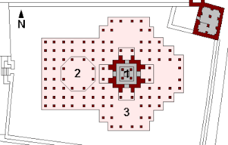 Parshvanatha-Tempels (15. Jahrhundert) in Mount Abu, Grundriss: 1 – Garbhagriha 2 – Rangamandapa 3 – Säulenumgänge