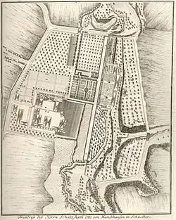 Historische Ansicht und Grundriss der Schloss- und Gartenanlagen in Schwöbber. Beide Darstellungen aus: Nürnberger Hesperiden, 1714
