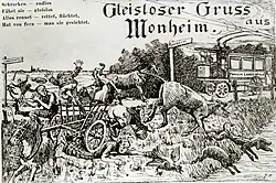 Zeitgenössische Karikatur der Gleislosen Bahn auf einer historischen Postkarte