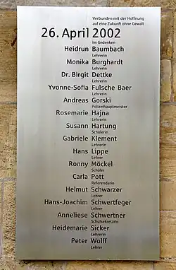 Gedenktafel zum 26. April 2002