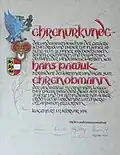 1974, Februar. Ehrenurkunde. Die Gewerkschaft Druck und Papier, Landesstelle Kärnten, ernennt Hans Pawlik, 27 Jahre lang Obmann der Landesstelle, zu ihren „Ehrenobmann“.