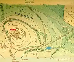 Lageplan der Burgstelle und heutige Wanderwege