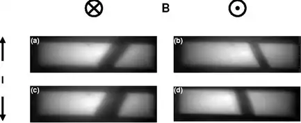 Photolumineszenzbilder in hochreinen Halbleiterschichten zur Visualisierung des Hall-Winkels bei verschiedenen Anordnungen des Stromflusses und des Magnetfeldes