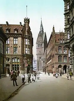 Marktkirche mit Altem Rathaus etwa 1895–1905 als Photochromdruck