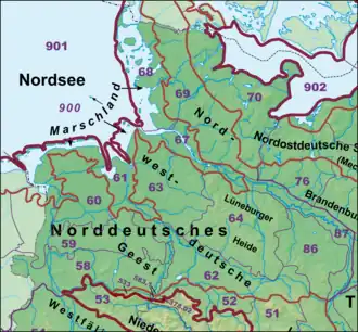 Der Westteil des Norddeutschen Tieflandes mit der Lüneburger Heide (64), deren Norden die Luheheide einnimmt
