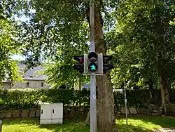 Ampel mit Wikingerfigur bei Haithabu in Schleswig-Holstein (Südschleswig)