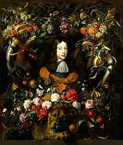 Jan Davidsz. de Heem: Blumen- und Früchte-kartusche mit dem Porträt des Prinzen Wilhelm III. von Oranien, um 1670, Öl auf Leinwand, 132 × 108 cm, Musée des Beaux-Arts, Lyon. Das Bild strotzt von symbolischen Anspielungen (siehe obigen Text).