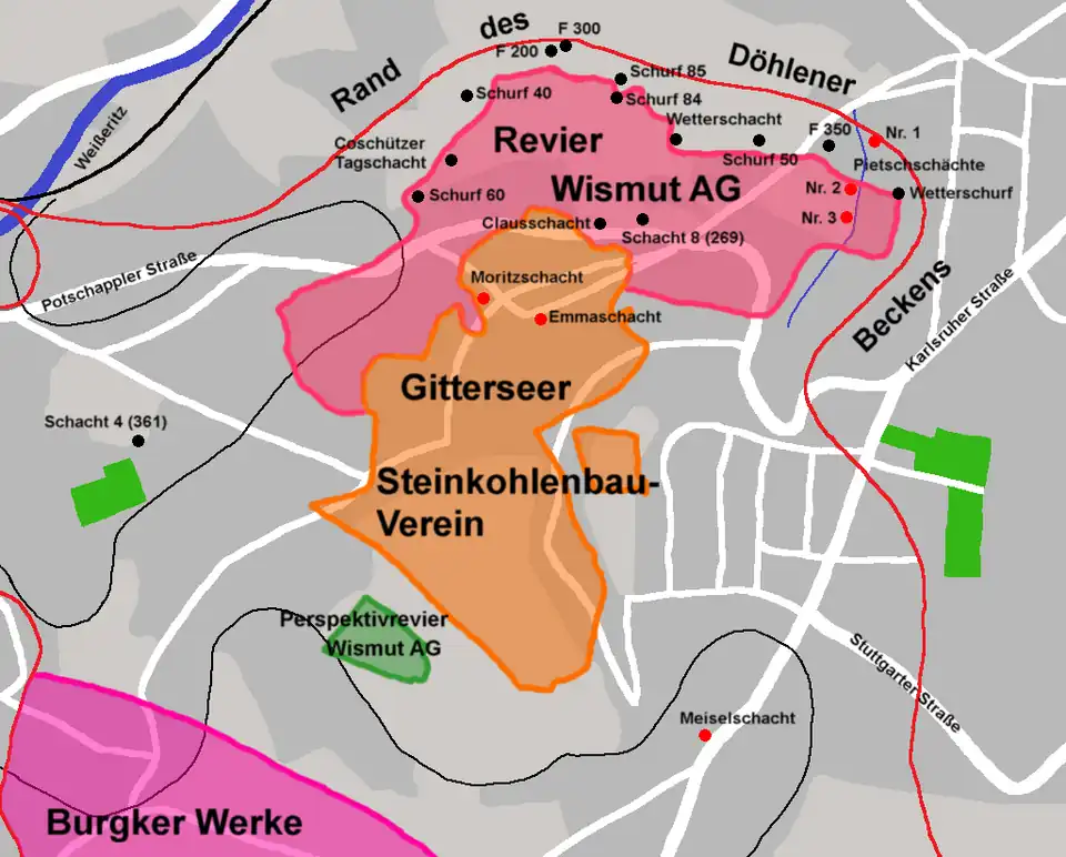 Revier Heidenschanze mit Kohlefeldern und Emmaschacht