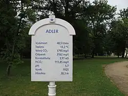 Foto von einem Schild in einem Park mit der Aufschrift Adler und darunter den Werten der Adlerquelle