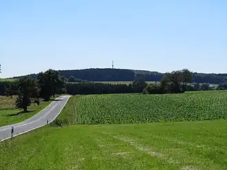 Blick von Nordnordosten zum Helleberg mit Aussichtsturm und Kreisstraße 61 (Rotenhain–Wölferlingen)