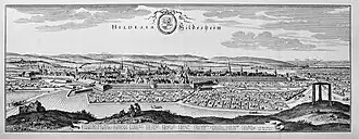 Ansicht von Hildesheim, im Vordergrund der Galgenberg (Kupferstich von Matthäus Merian, vor 1650)