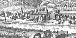 Merian-Stich um 1654 des Klosters Hilwartshausen, im Vordergrund Gebäude des Eichhofs