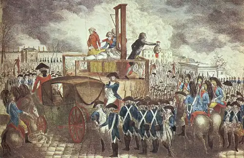 Kupferstich der Hinrichtung Ludwigs XVI. Mittig kann man die Guillotine sehen, mit der der ehemalige König hingerichtet wurde. Rechts von ihr zeigt der Henker der Menschenmenge den abgetrennten, noch immer blutigen Kopf Ludwigs der Menschenmenge.