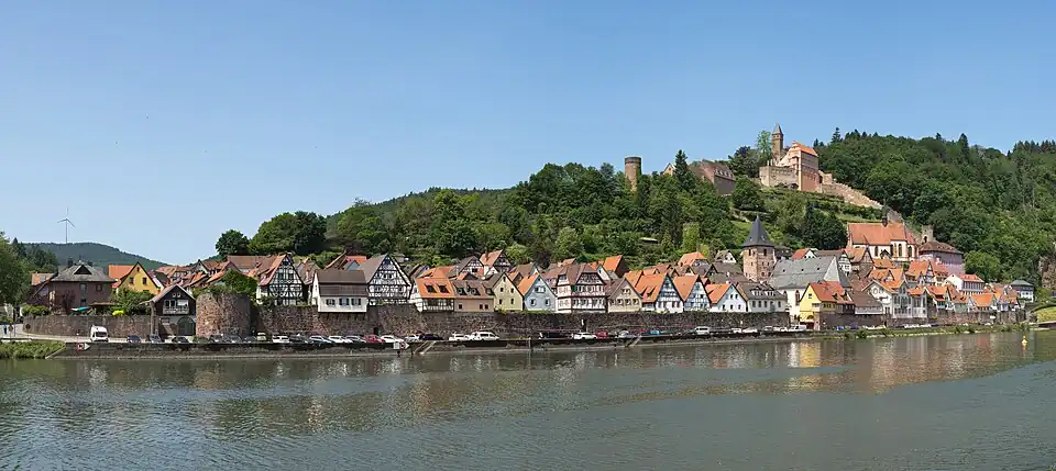 Blick auf den historischen Ortskern mit Burg Hirschhorn vom östlichen Neckarufer