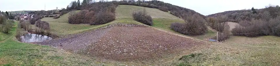 Das Naturschutzgebiet entlang des Wollenbachs. Vorne der Hochwasserrückhaltedamm für Hausen (links)