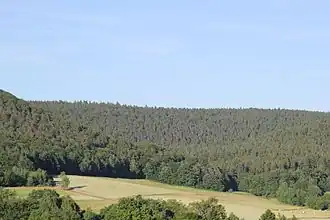 Hoher Querberg (im Hintergrund, links der Bildmitte) und Menschenkopf (im Hintergrund, rechts der Bildmitte)