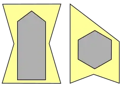 Hier braucht man 4 Wächter für'"`UNIQ--postMath-00000071-QINU`"' Ecken. Das Linke geht auf Shermer zurück; das Rechte auf Arthur Delcher. Diese und die vorherigen Beispiele mit Löchern wurden in einer Hausaufgabe eines Seminars von O’Rourke gefunden.