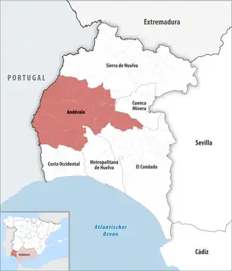 Die Lage der Comarca Andévalo in der Provinz Huelva