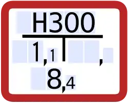 Hinweisschild zu einem Unterflur-Hydranten DN 300 (Nennweite 300 mm) 1,1 Meter links und 8,4 Meter vor dem Schild