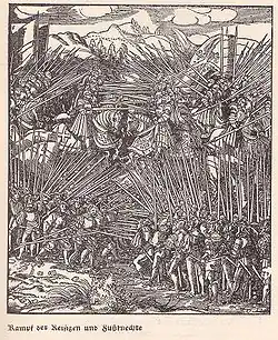 Insel-Bücherei 157/1, Lieder der Landsknechte, Holzschnitt von Hans Burgkmair: Kampf der Reisigen und Fußknechte