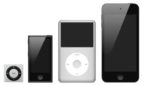 Die iPod-Familie (v. l. n. r. iPod shuffle, nano, classic und touch)