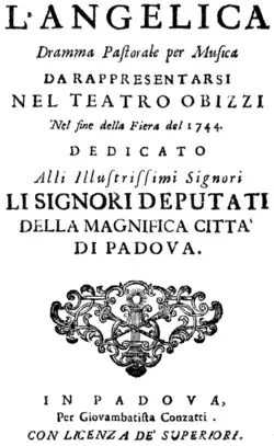 Ignazio Fiorillo – Angelica – Titelseite des Librettos – Padua 1744
