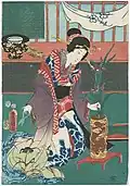 Kurtisane beim Blumenarrangieren, Ausschnitt aus einem Farbholzschnitt, 1854, von Toyokuni III.