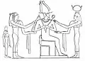 Osiris mit Isis und Nephthys, Nordwand der nördlichen Kammer, Zeichnung von Cecil und Freda Firth[7]