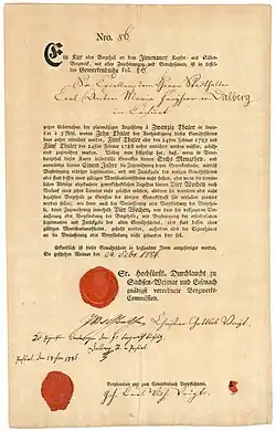 Ein Kux des Ilmenauer Kupfer- und Silber-Bergwerks über 20 „Thaler“, ausgegeben am 24. Februar 1784 in Weimar, im Original unterschrieben von Johann Wolfgang von Goethe, Johann Carl Wilhelm Voigt und Christian Gottlob von Voigt. Eingetragen auf Karl Theodor Freiherr von Dalberg, Statthalter in Erfurt.