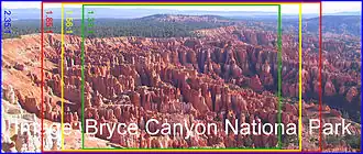 2,35:1-Bild (blauer Rahmen) mit gängigen Seitenverhältnissen im Kino