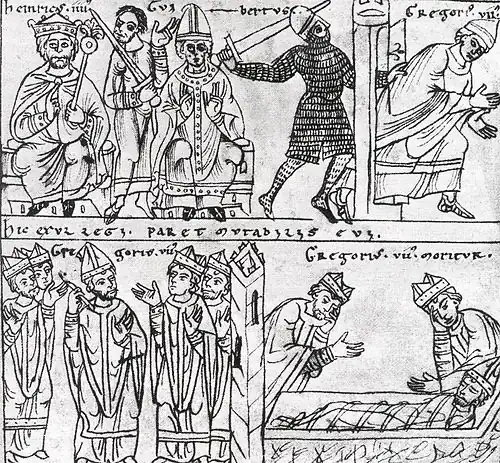 Heinrich IV. mit Gegenpapst Clemens III. (oben links). Die Flucht (oben rechts) und der Tod von Gregor VII. (unten rechts). Illustration aus dem 12. Jahrhundert
